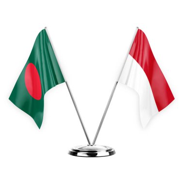 Two table flags isolated on white background 3d illustration, bangladesh and monaco