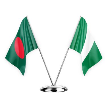 Two table flags isolated on white background 3d illustration, bangladesh and nigeria