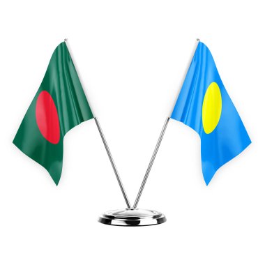 Two table flags isolated on white background 3d illustration, bangladesh and palau