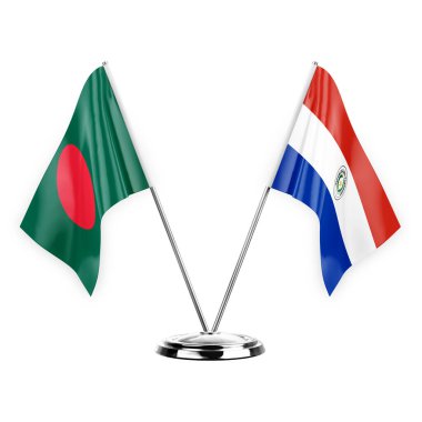 Two table flags isolated on white background 3d illustration, bangladesh and paraguay