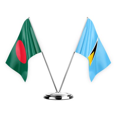 Two table flags isolated on white background 3d illustration, bangladesh and saint lucia