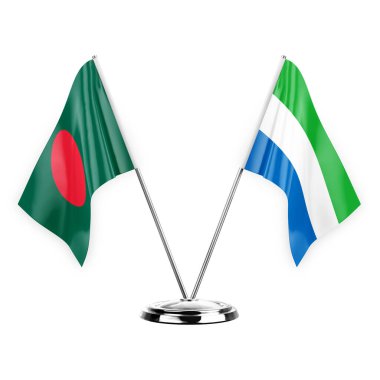 Two table flags isolated on white background 3d illustration, bangladesh and sierra leone
