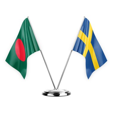 Two table flags isolated on white background 3d illustration, bangladesh and sweden