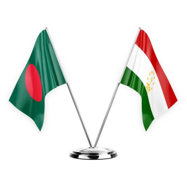 Two table flags isolated on white background 3d illustration, bangladesh and tajikistan