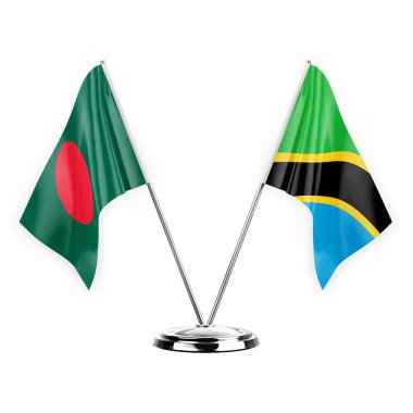 Two table flags isolated on white background 3d illustration, bangladesh and tanzania
