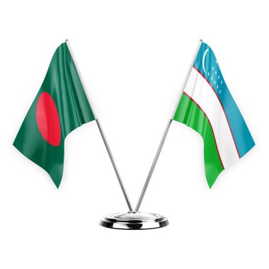 Two table flags isolated on white background 3d illustration, bangladesh and uzbekistan