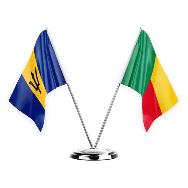 Two table flags isolated on white background 3d illustration, barbados and benin