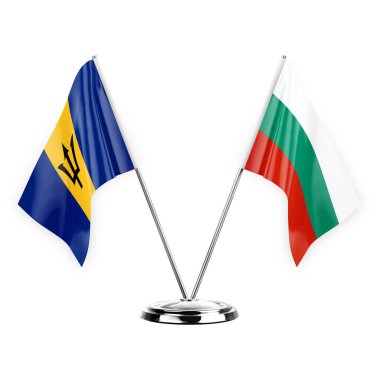Two table flags isolated on white background 3d illustration, barbados and bulgaria