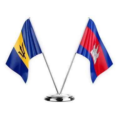Two table flags isolated on white background 3d illustration, barbados and cambodia