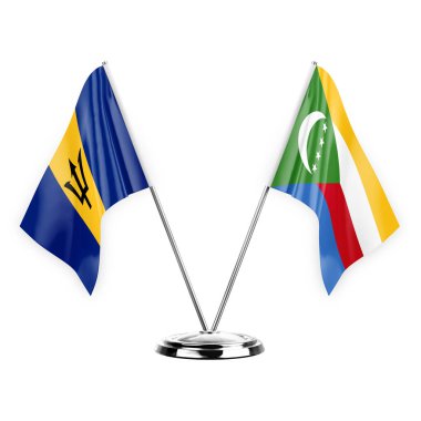 Two table flags isolated on white background 3d illustration, barbados and comoros