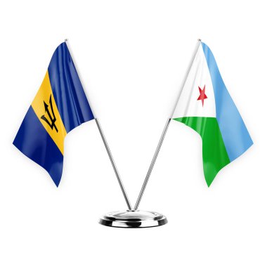 Two table flags isolated on white background 3d illustration, barbados and djibouti