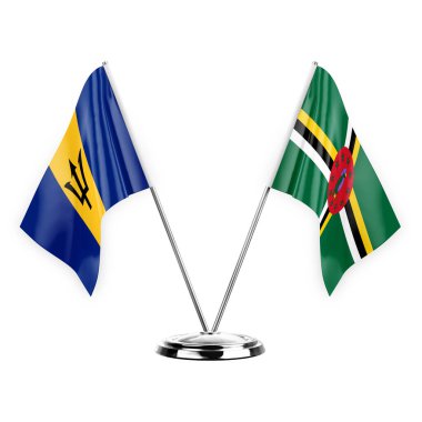 Two table flags isolated on white background 3d illustration, barbados and dominica