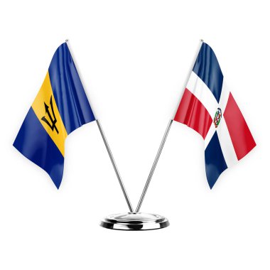 Two table flags isolated on white background 3d illustration, barbados and dominican republic