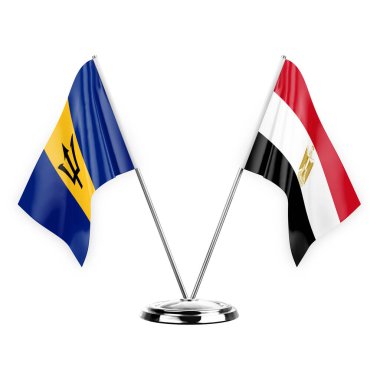 Two table flags isolated on white background 3d illustration, barbados and egypt