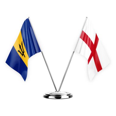 Two table flags isolated on white background 3d illustration, barbados and england