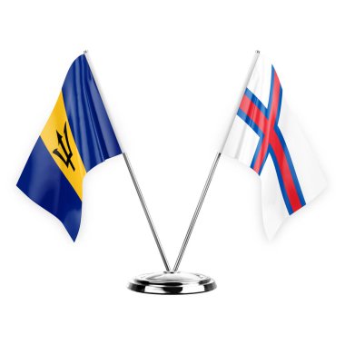Two table flags isolated on white background 3d illustration, barbados and faroe islands