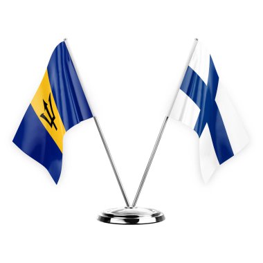 Two table flags isolated on white background 3d illustration, barbados and finland