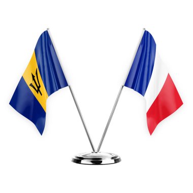 Two table flags isolated on white background 3d illustration, barbados and france