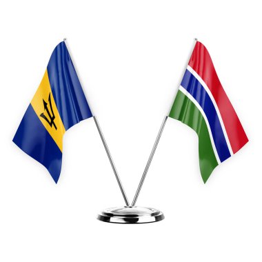 Two table flags isolated on white background 3d illustration, barbados and gambia