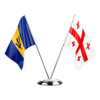 Two table flags isolated on white background 3d illustration, barbados and georgia