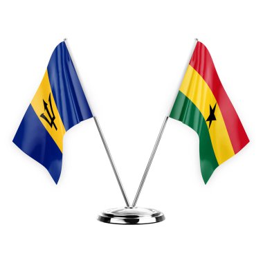 Two table flags isolated on white background 3d illustration, barbados and ghana