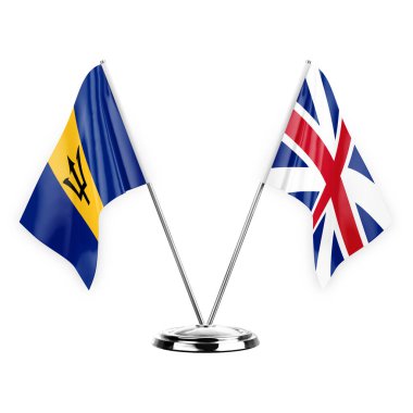 Two table flags isolated on white background 3d illustration, barbados and britain
