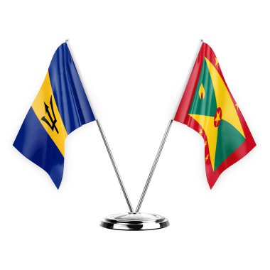 Two table flags isolated on white background 3d illustration, barbados and grenada