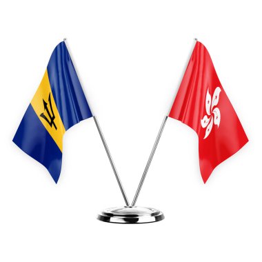Two table flags isolated on white background 3d illustration, barbados and hong kong