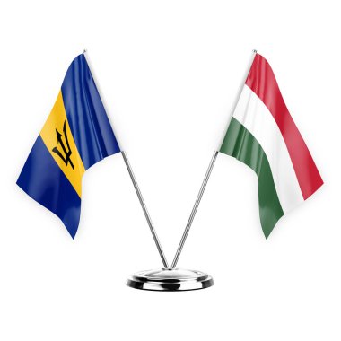 Two table flags isolated on white background 3d illustration, barbados and hungary