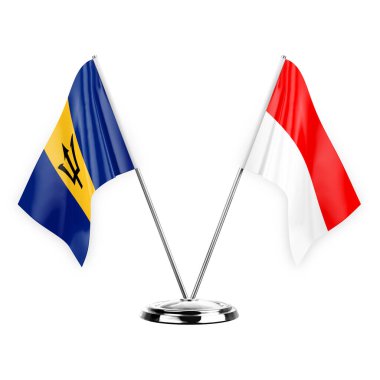Two table flags isolated on white background 3d illustration, barbados and indonesia