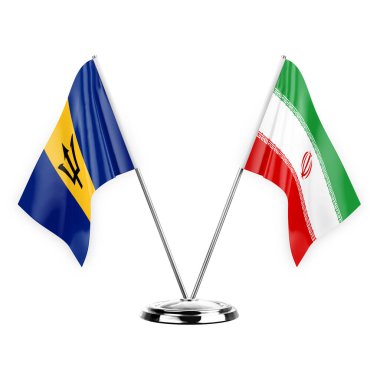 Two table flags isolated on white background 3d illustration, barbados and iran