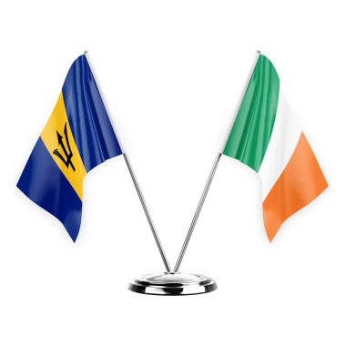 Two table flags isolated on white background 3d illustration, barbados and ireland
