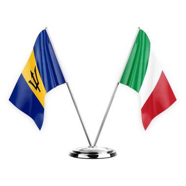 Two table flags isolated on white background 3d illustration, barbados and italy
