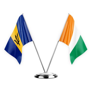 Two table flags isolated on white background 3d illustration, barbados and ivory coast