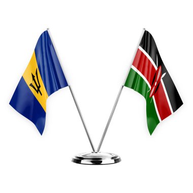Two table flags isolated on white background 3d illustration, barbados and kenya