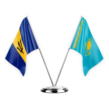 Two table flags isolated on white background 3d illustration, barbados and kazakhstan