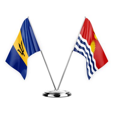 Two table flags isolated on white background 3d illustration, barbados and kiribati