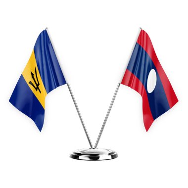 Two table flags isolated on white background 3d illustration, barbados and laos