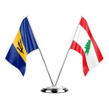 Two table flags isolated on white background 3d illustration, barbados and lebanon