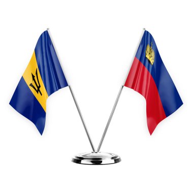 Two table flags isolated on white background 3d illustration, barbados and liechtenstein