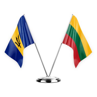 Two table flags isolated on white background 3d illustration, barbados and lithuania