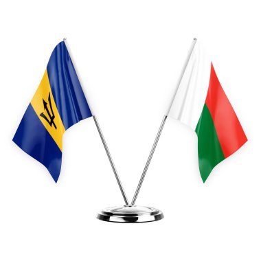 Two table flags isolated on white background 3d illustration, barbados and madagascar