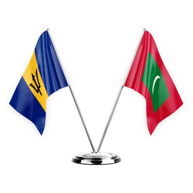 Two table flags isolated on white background 3d illustration, barbados and maldives