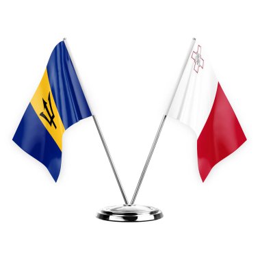 Two table flags isolated on white background 3d illustration, barbados and malta