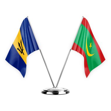 Two table flags isolated on white background 3d illustration, barbados and mauritania