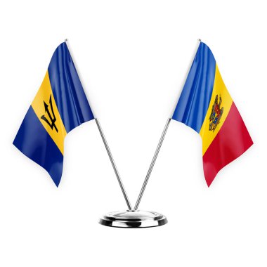 Two table flags isolated on white background 3d illustration, barbados and moldova