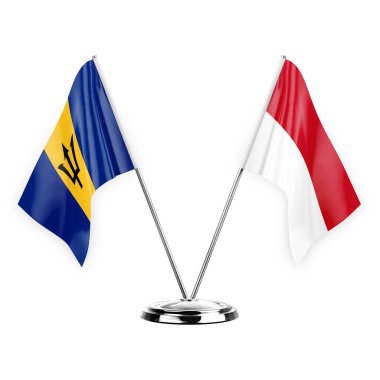 Two table flags isolated on white background 3d illustration, barbados and monaco