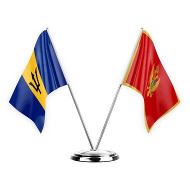 Two table flags isolated on white background 3d illustration, barbados and montenegro
