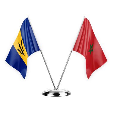 Two table flags isolated on white background 3d illustration, barbados and morocco