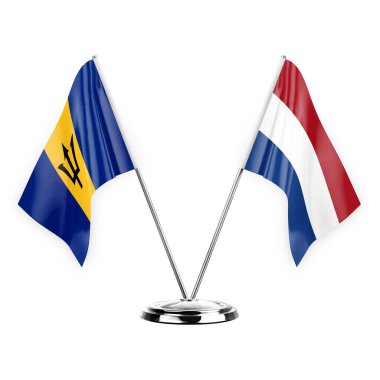 Two table flags isolated on white background 3d illustration, barbados and netherlands